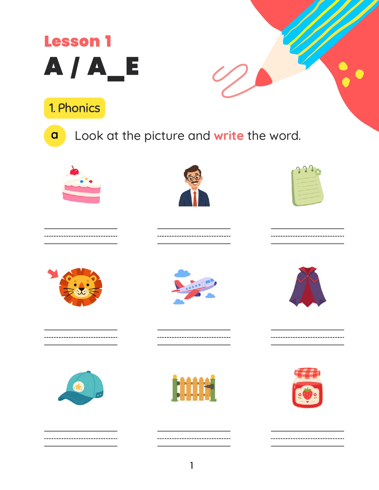 Magic E workbook sample page: Build & Spell